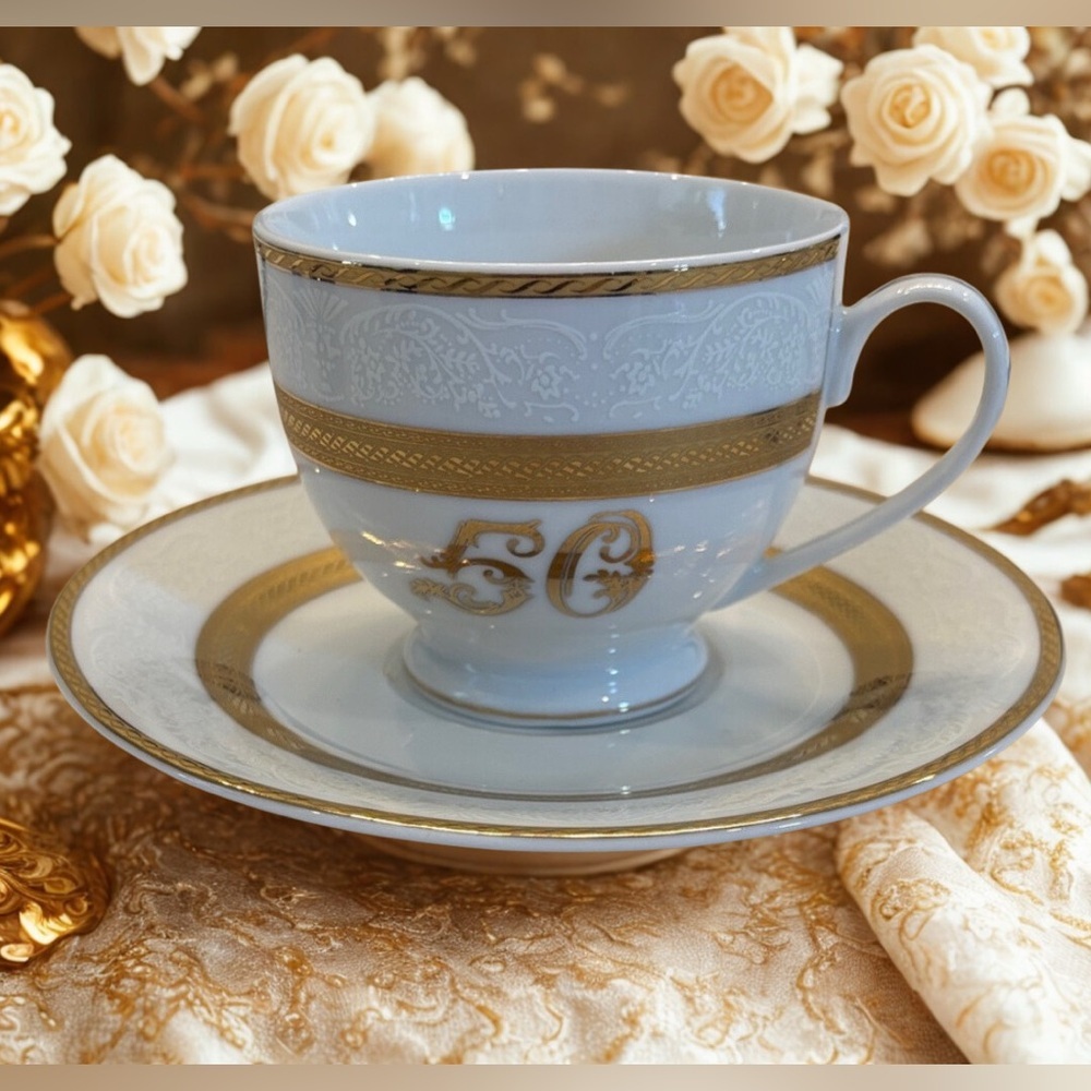 Vintage‎ 50th Anniversary 24k Gold & White Tea Cup Saucer Set